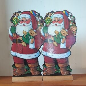 Two Vintage  Card Board With Wooden Stands 1990s Santas